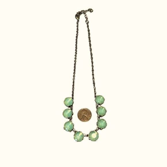 Oval 8 Beaded Rhinestrone Chain Statement Necklace‎ Green Gold Tone - Picture 3 of 7